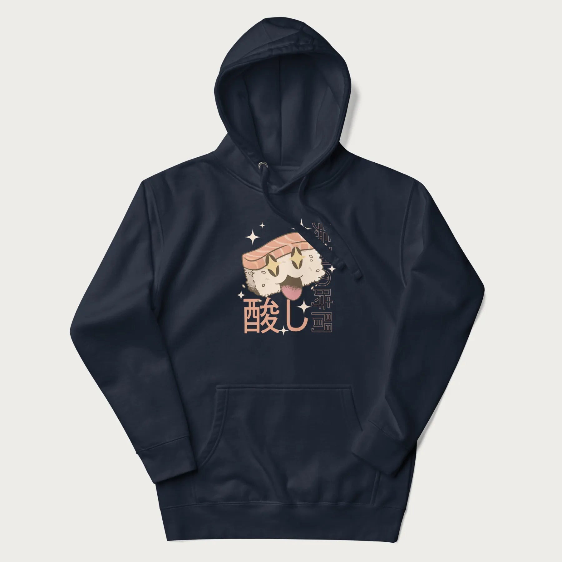 Navy blue hoodie with Japanese graphic of a cute sushi with sparkling eyes accompanied by Japanese text '寿司の時間' (Sushi Time).