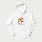 White hoodie with Japanese graphic of a cute sushi with sparkling eyes accompanied by Japanese text '寿司の時間' (Sushi Time).