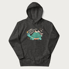 Dark grey hoodie with graphic of a turtle and duck with sunglasses and the text 'Late but Worth the Wait'.