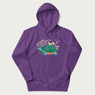 Purple hoodie with graphic of a turtle and duck with sunglasses and the text 'Late but Worth the Wait'.