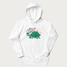 White hoodie with graphic of a turtle and duck with sunglasses and the text 'Late but Worth the Wait'.