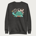 Dark grey sweatshirt with a graphic of a turtle and bird wearing sunglasses with the phrase 'Late But Worth the Wait.'