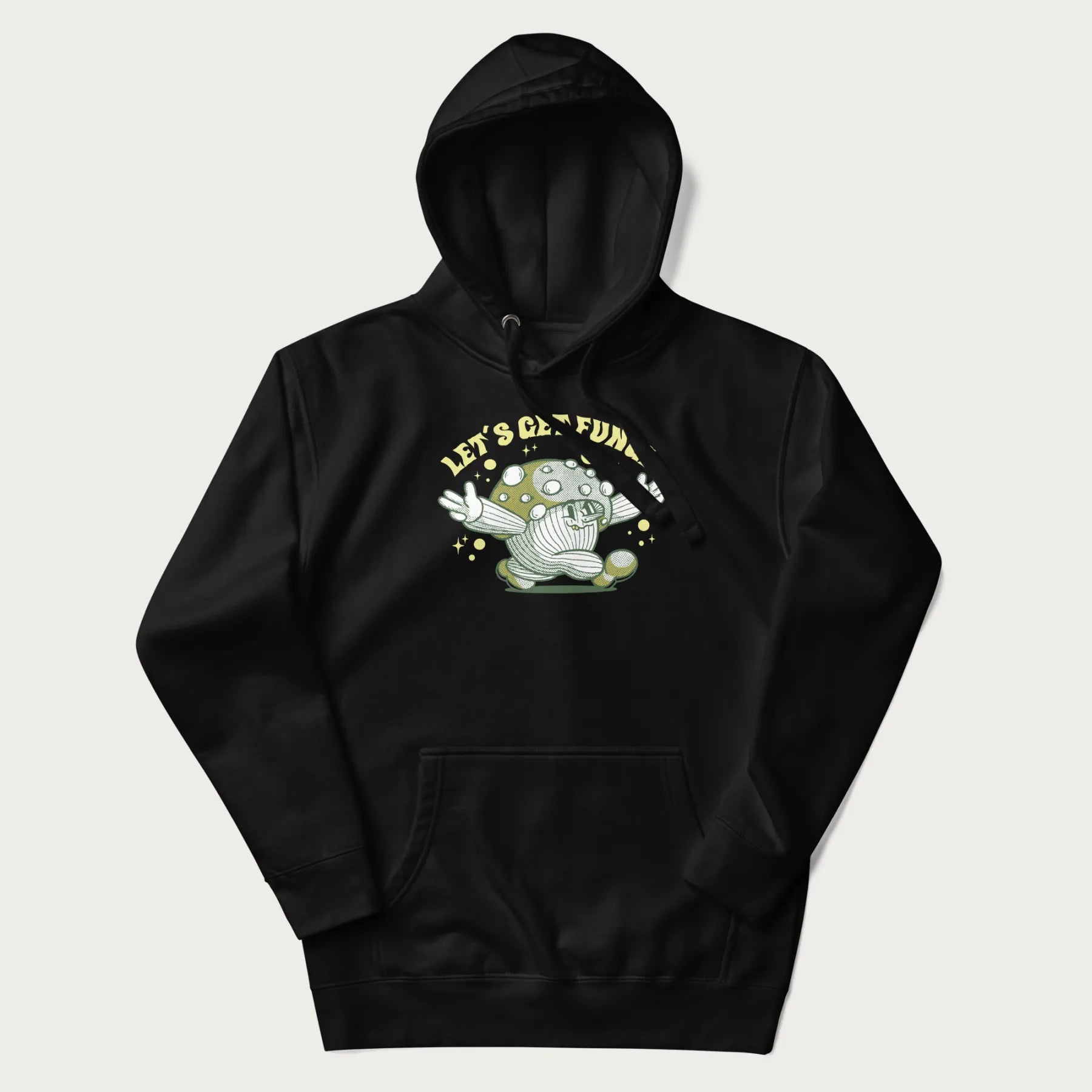 Black hoodie with a retro-inspired graphic of a mushroom mascot character and the text 'Let's Get Fungi'.