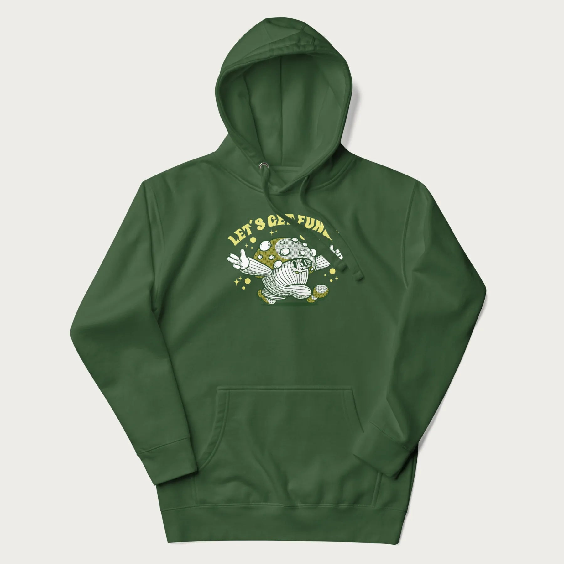 Forest green hoodie with a retro-inspired graphic of a mushroom mascot character and the text 'Let's Get Fungi'.