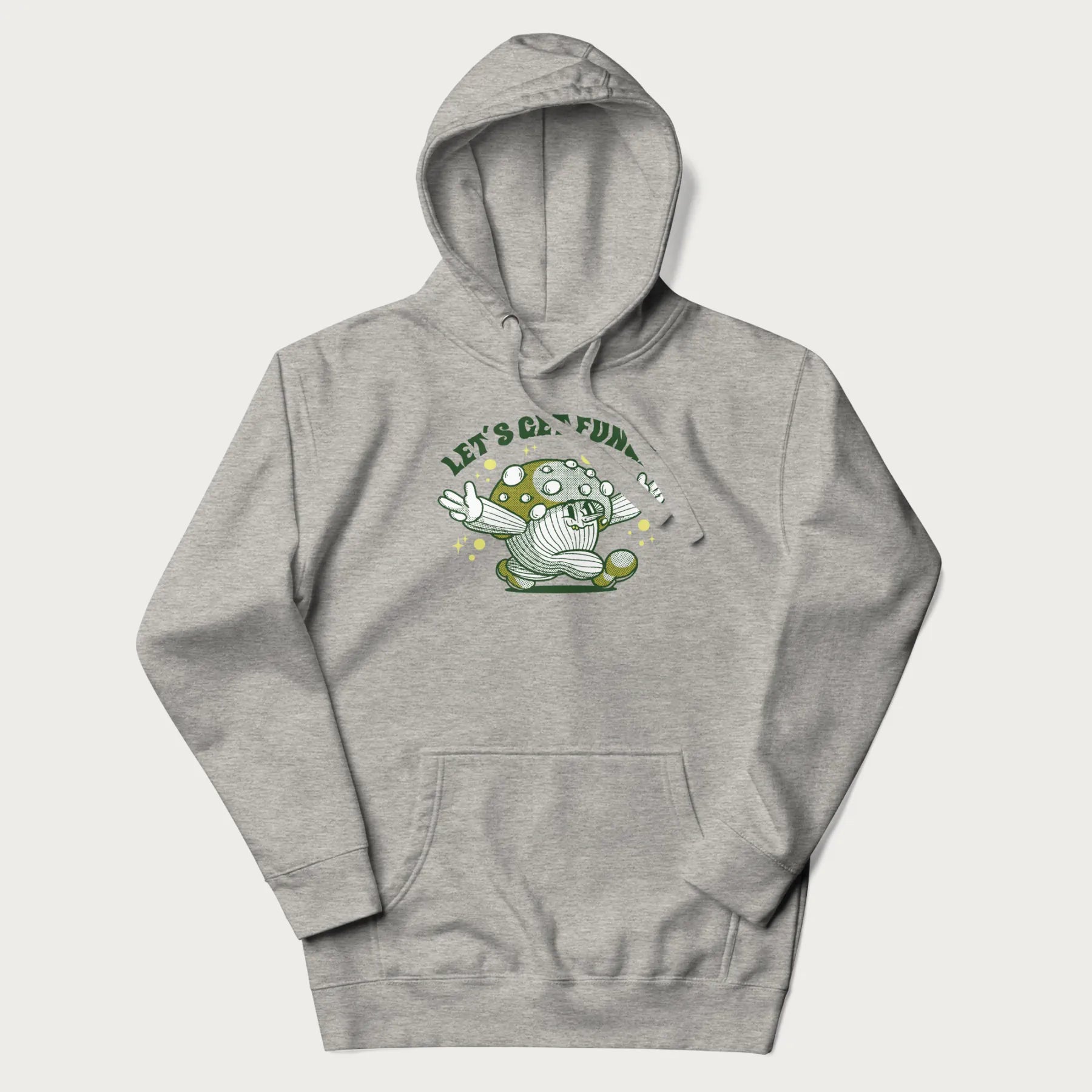 Light grey hoodie with a retro-inspired graphic of a mushroom mascot character and the text 'Let's Get Fungi'.