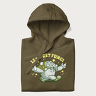 Folded military green hoodie with a retro-inspired graphic of a mushroom mascot character and the text 'Let's Get Fungi'.