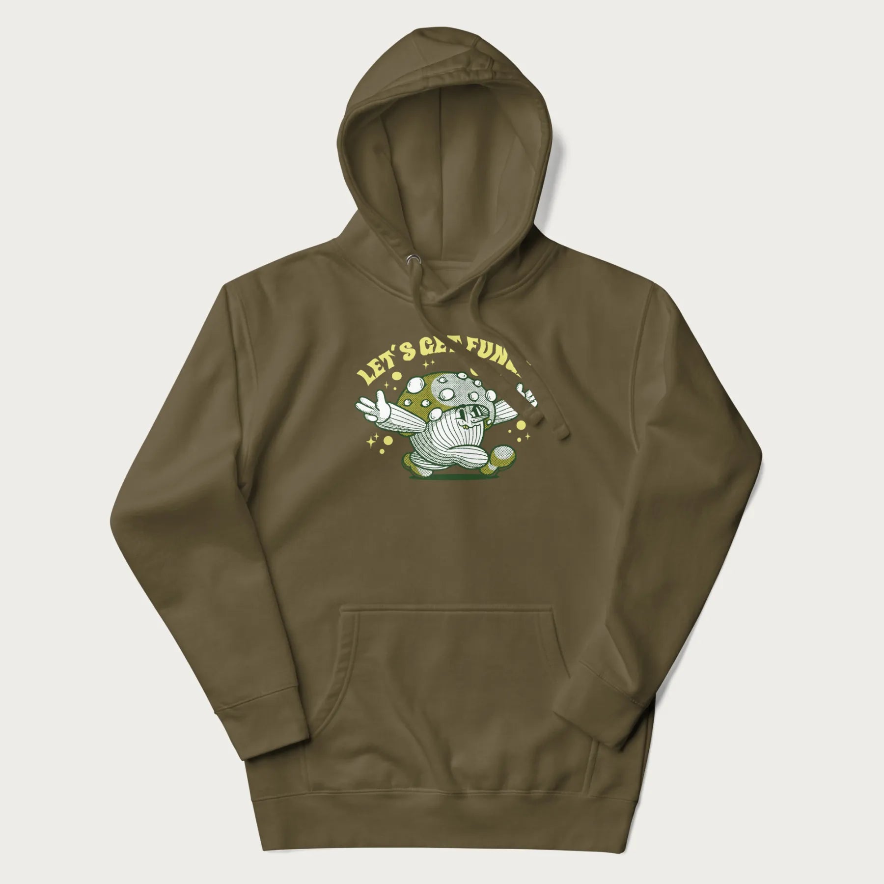 Military green hoodie with a retro-inspired graphic of a mushroom mascot character and the text 'Let's Get Fungi'.