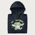 Folded navy blue hoodie with a retro-inspired graphic of a mushroom mascot character and the text 'Let's Get Fungi'.