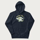 Navy blue hoodie with a retro-inspired graphic of a mushroom mascot character and the text 'Let's Get Fungi'.