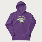 Purple hoodie with a retro-inspired graphic of a mushroom mascot character and the text 'Let's Get Fungi'.
