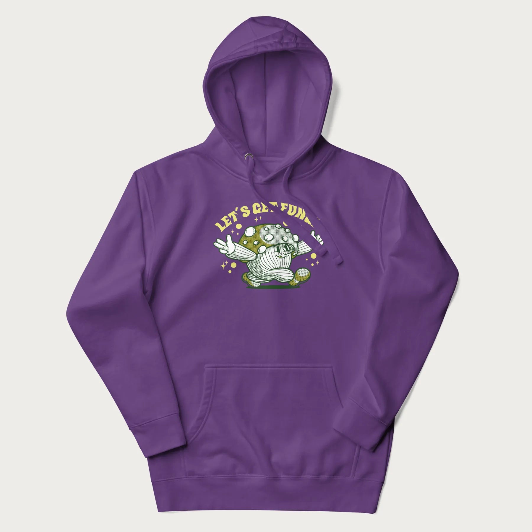 Purple hoodie with a retro-inspired graphic of a mushroom mascot character and the text 'Let's Get Fungi'.