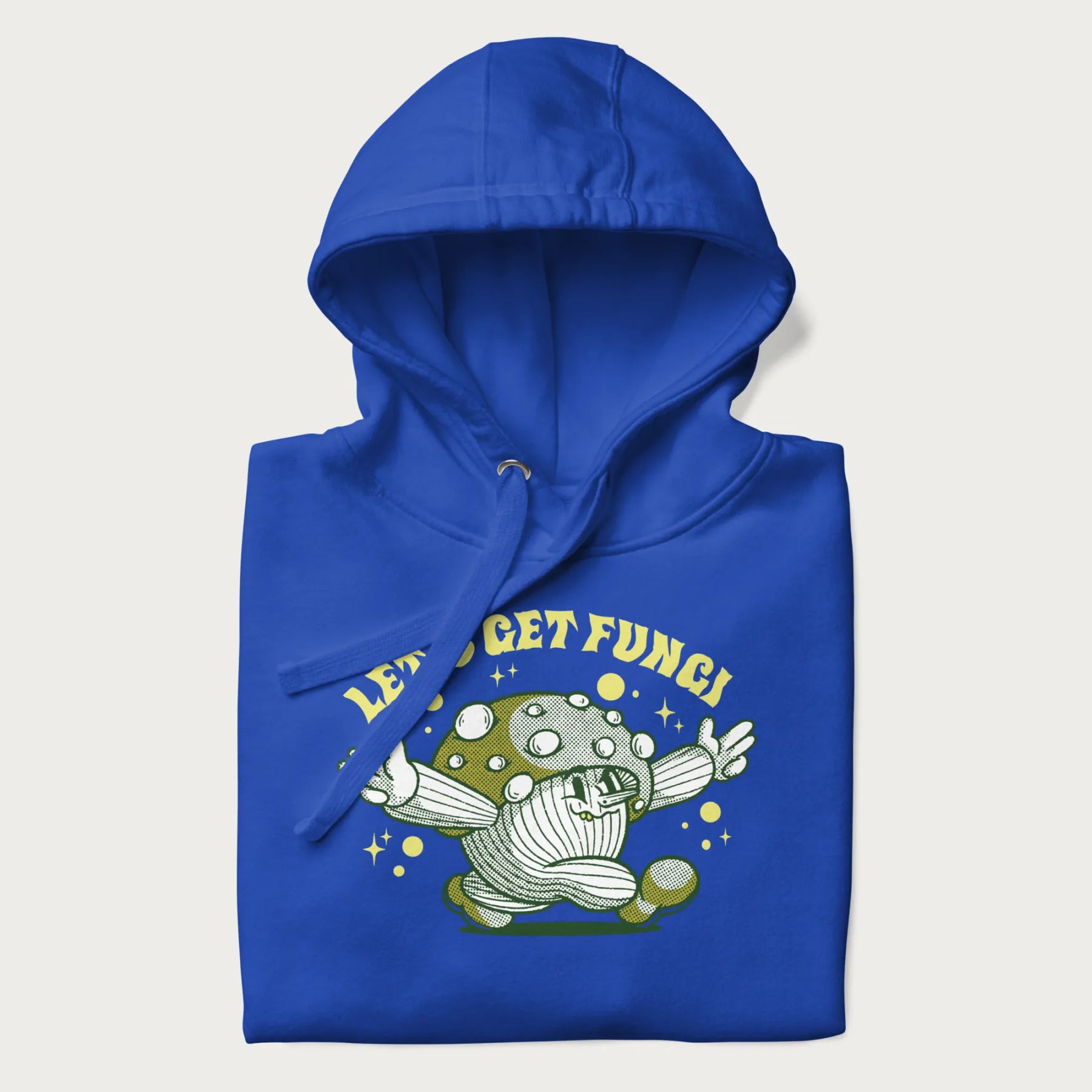 Folded royal blue hoodie with a retro-inspired graphic of a mushroom mascot character and the text 'Let's Get Fungi'.