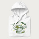 Folded white hoodie with a retro-inspired graphic of a mushroom mascot character and the text 'Let's Get Fungi'.
