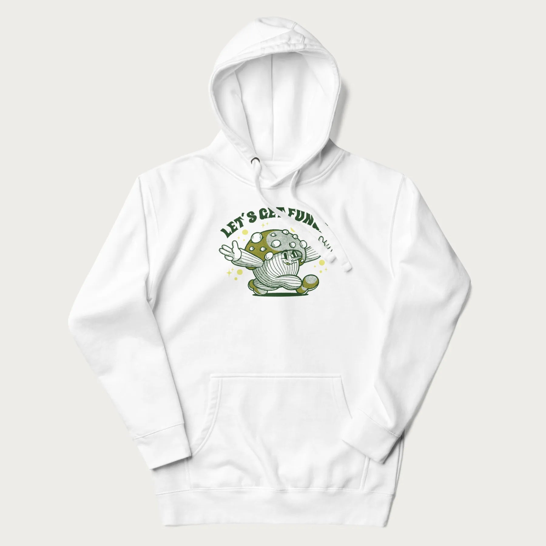 White hoodie with a retro-inspired graphic of a mushroom mascot character and the text 'Let's Get Fungi'.