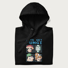 Folded black hoodie with a pixel art graphic of four mushroom characters and the text 'Let's Get Fungi'.