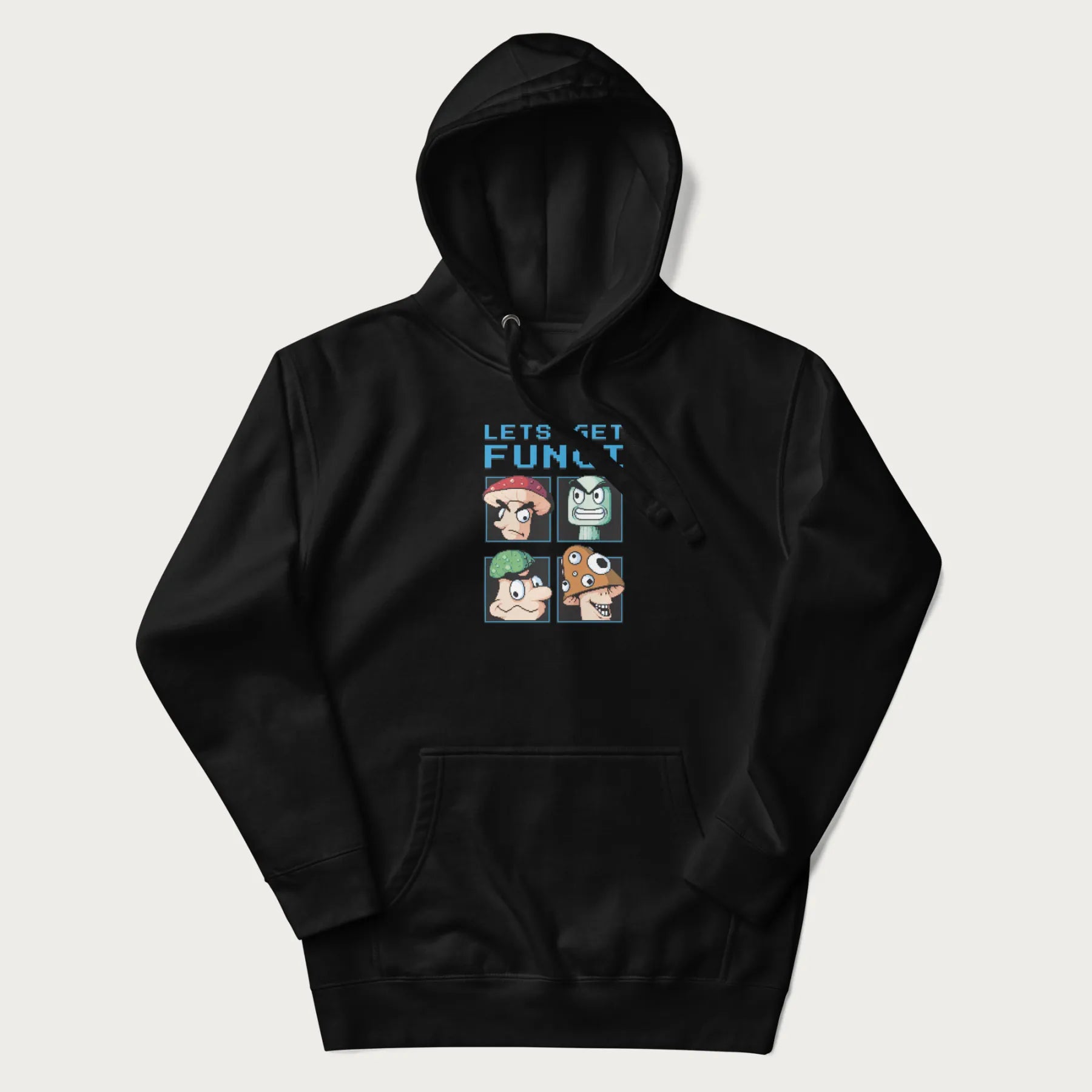 Black hoodie with a pixel art graphic of four mushroom characters and the text 'Let's Get Fungi'.