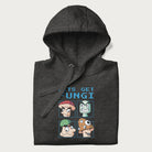 Folded dark grey hoodie with a pixel art graphic of four mushroom characters and the text 'Let's Get Fungi'.