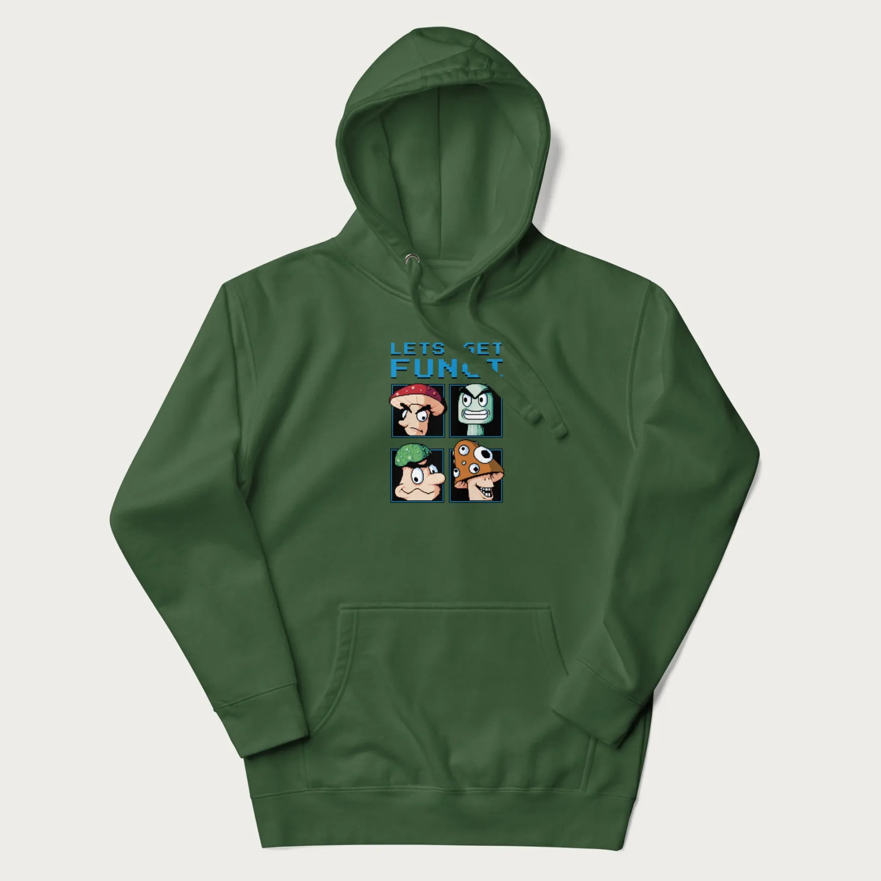 Forest green hoodie with a pixel art graphic of four mushroom characters and the text 'Let's Get Fungi'.