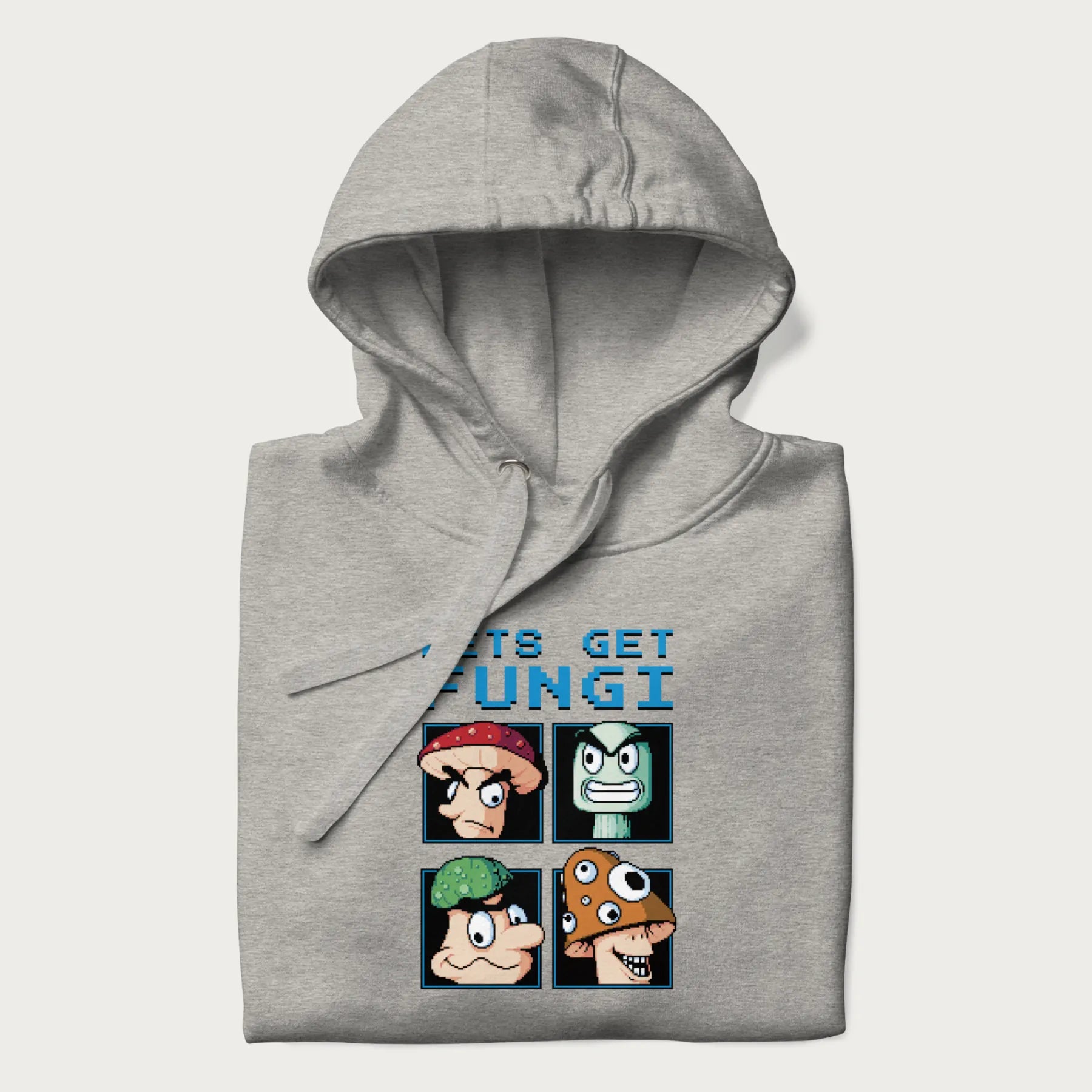 Folded light grey hoodie with a pixel art graphic of four mushroom characters and the text 'Let's Get Fungi'.