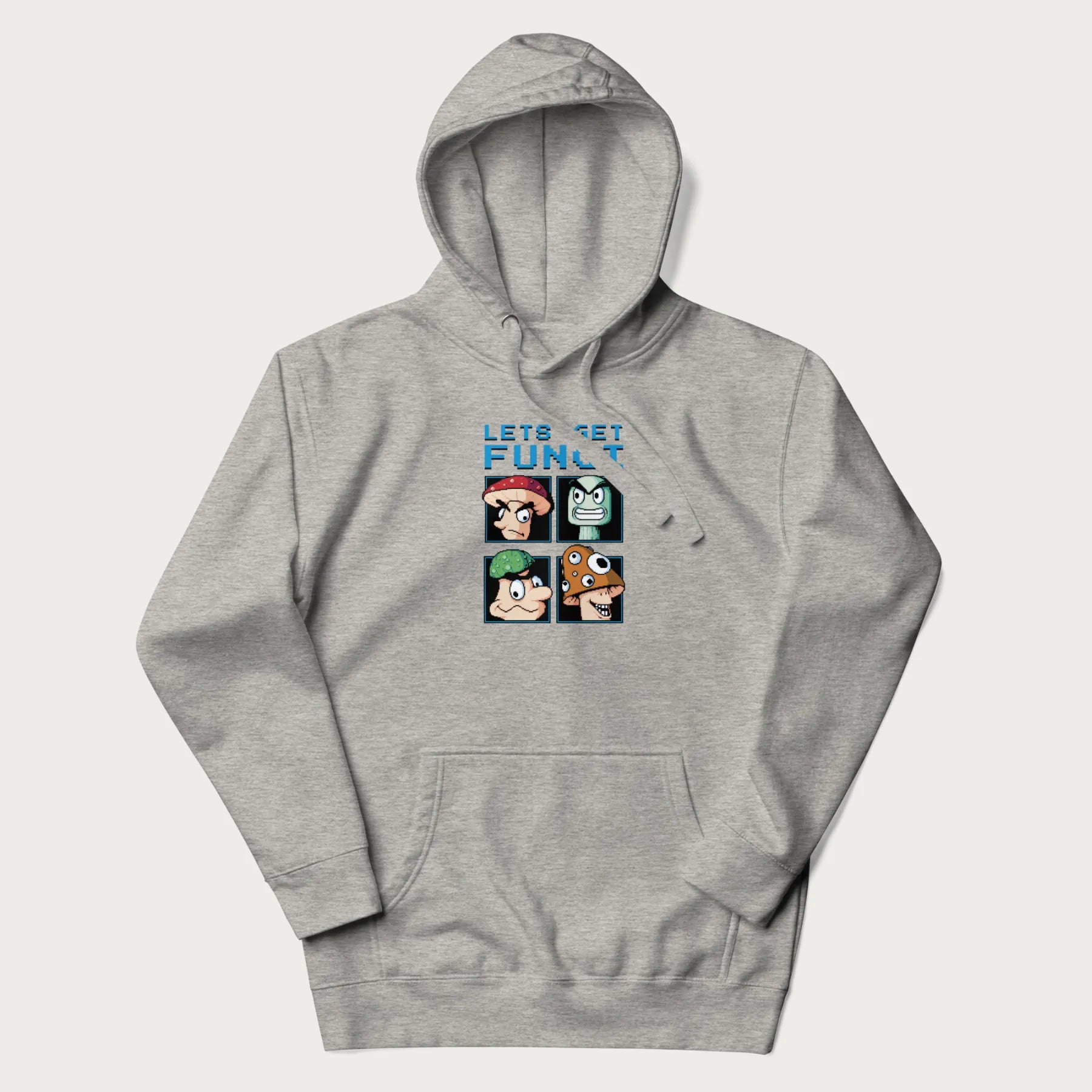 Light grey hoodie with a pixel art graphic of four mushroom characters and the text 'Let's Get Fungi'.