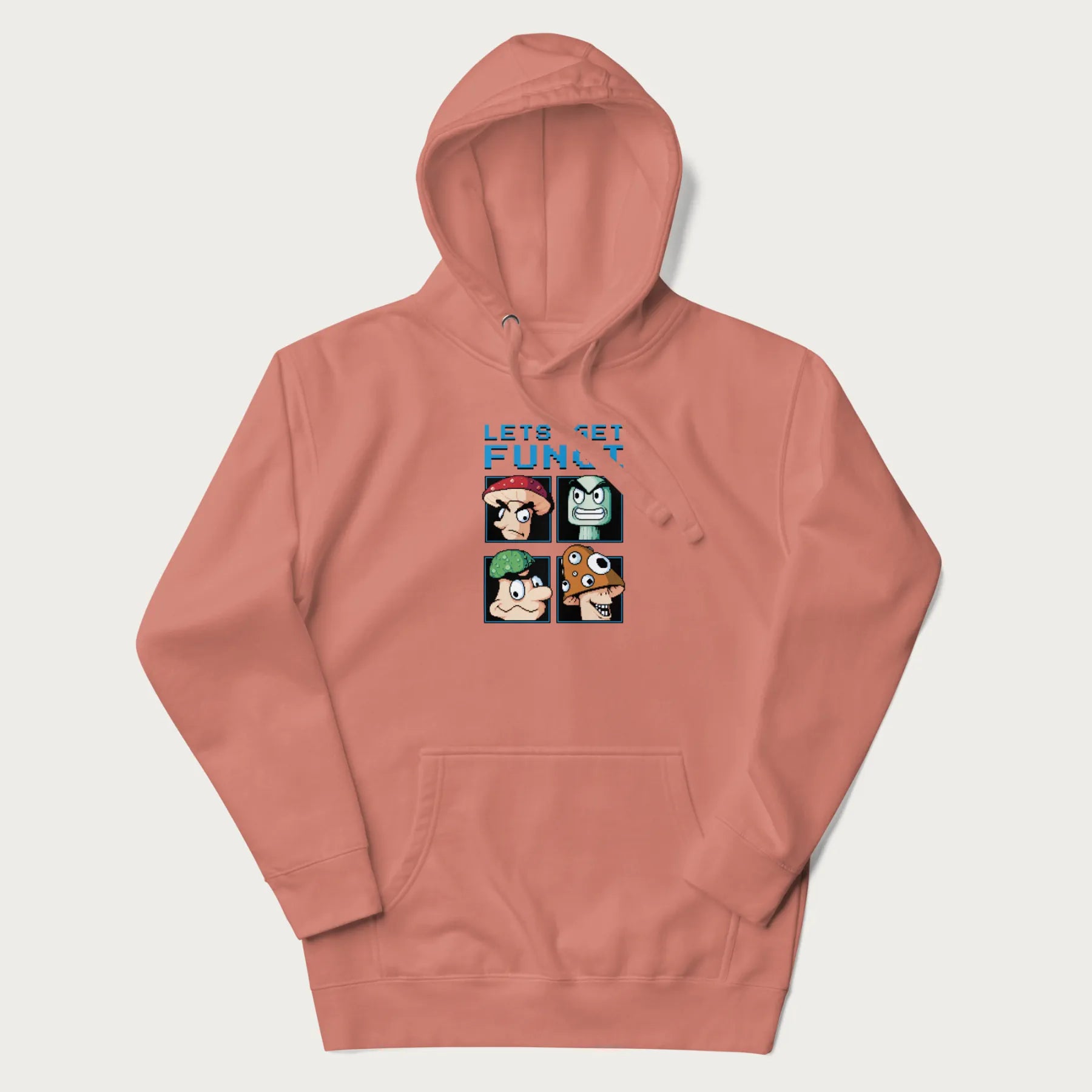 Light pink hoodie with a pixel art graphic of four mushroom characters and the text 'Let's Get Fungi'.