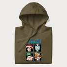 Folded military green hoodie with a pixel art graphic of four mushroom characters and the text 'Let's Get Fungi'.