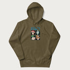 Military green hoodie with a pixel art graphic of four mushroom characters and the text 'Let's Get Fungi'.