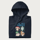 Folded navy blue hoodie with a pixel art graphic of four mushroom characters and the text 'Let's Get Fungi'.