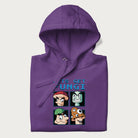 Folded purple hoodie with a pixel art graphic of four mushroom characters and the text 'Let's Get Fungi'.