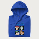 Folded royal blue hoodie with a pixel art graphic of four mushroom characters and the text 'Let's Get Fungi'.