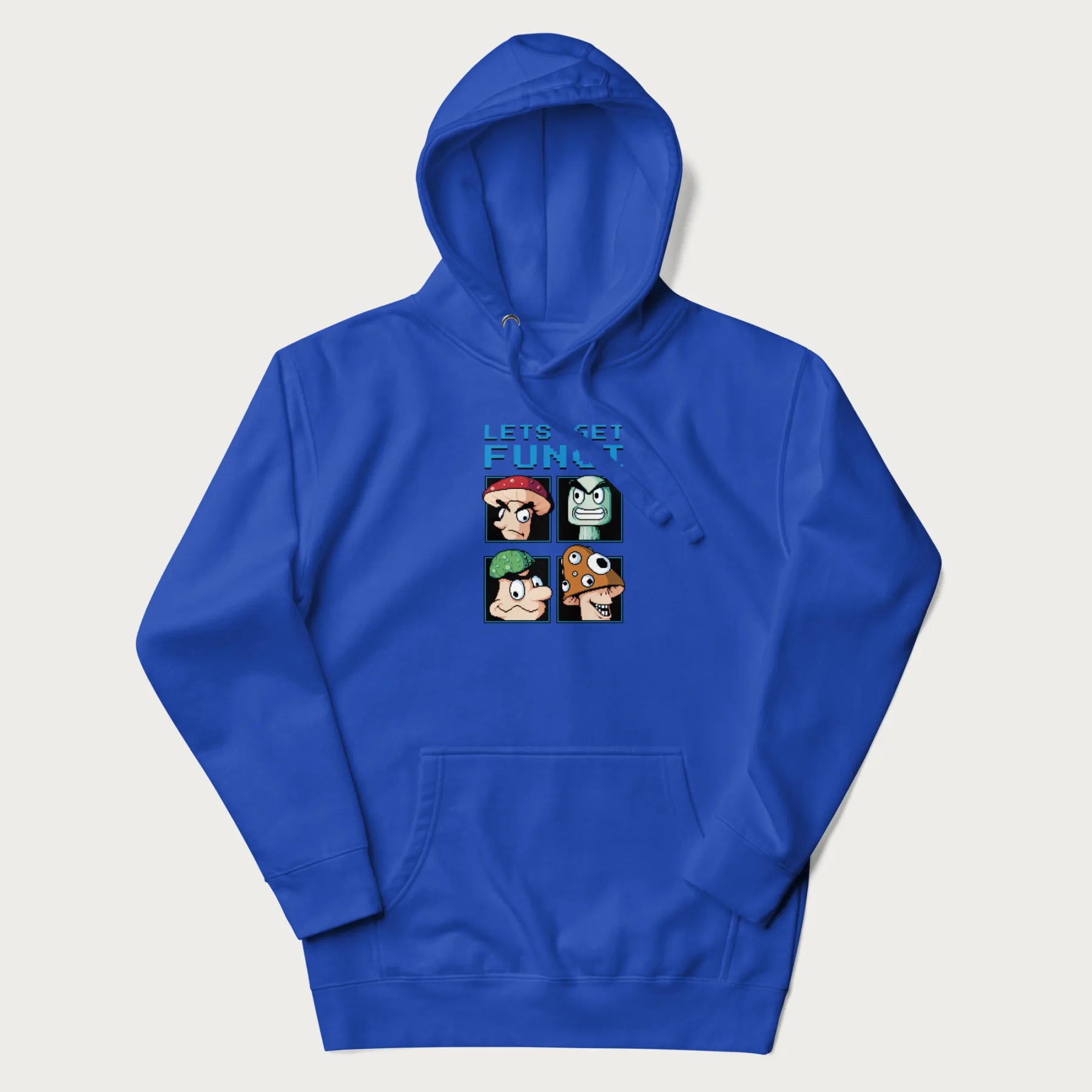 Royal blue hoodie with a pixel art graphic of four mushroom characters and the text 'Let's Get Fungi'.