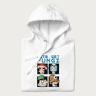 Folded white hoodie with a pixel art graphic of four mushroom characters and the text 'Let's Get Fungi'.