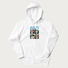 White hoodie with a pixel art graphic of four mushroom characters and the text 'Let's Get Fungi'.