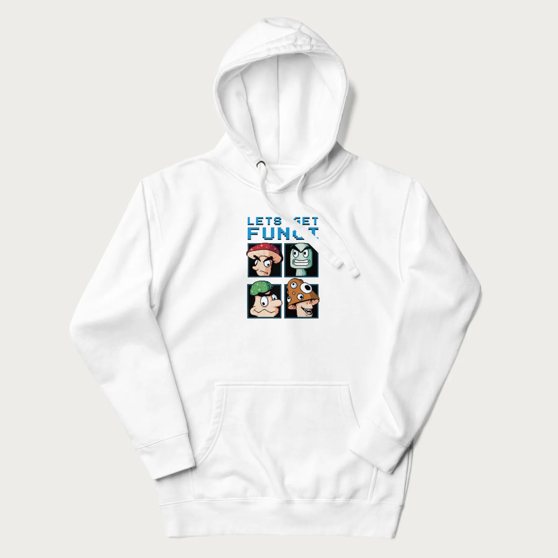 White hoodie with a pixel art graphic of four mushroom characters and the text 'Let's Get Fungi'.