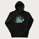 Black hoodie with a graphic of a turtle with a duck on its back and the text 'Let's Win the Race'.