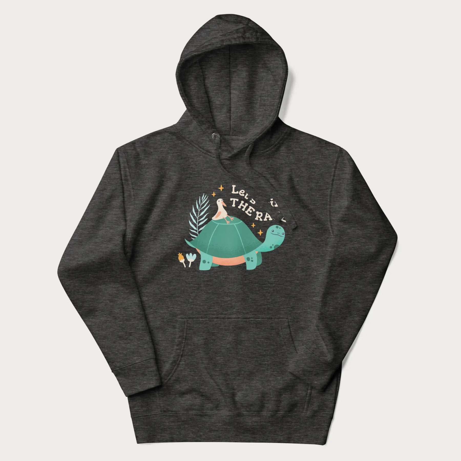 Dark grey hoodie with a graphic of a turtle with a duck on its back and the text 'Let's Win the Race'.