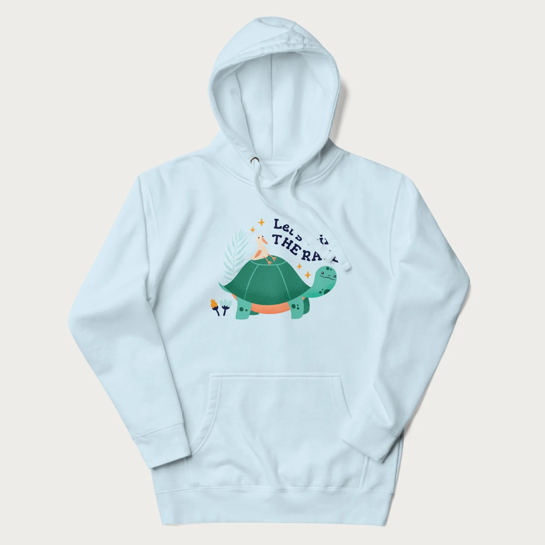 Light blue hoodie with a graphic of a turtle with a duck on its back and the text 'Let's Win the Race'.