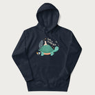 Navy blue hoodie with a graphic of a turtle with a duck on its back and the text 'Let's Win the Race'.