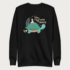 Black sweatshirt with a graphic of a turtle with a bird on it's shell with the phrase 'Let's Win the Race.'