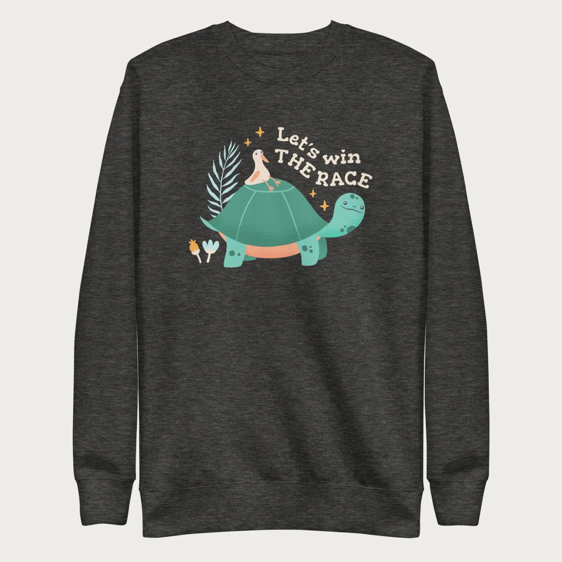 Dark grey sweatshirt with a graphic of a turtle with a bird on it's shell with the phrase 'Let's Win the Race.'