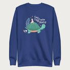 Royal blue sweatshirt with a graphic of a turtle with a bird on it's shell with the phrase 'Let's Win the Race.'