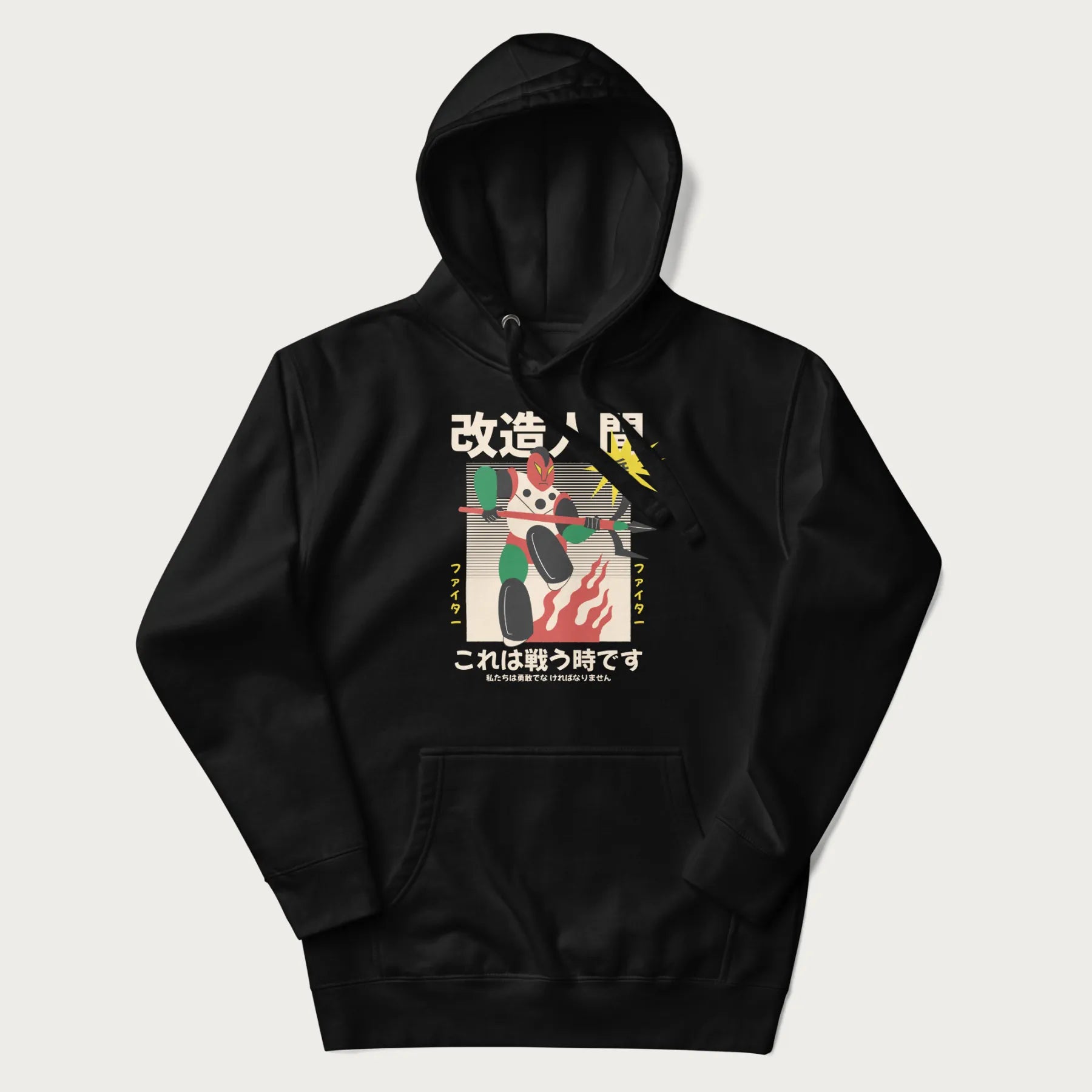 Black hoodie with Japanese graphic of a mech warrior in vibrant green and red, with Japanese characters symbolizing battle and courage.