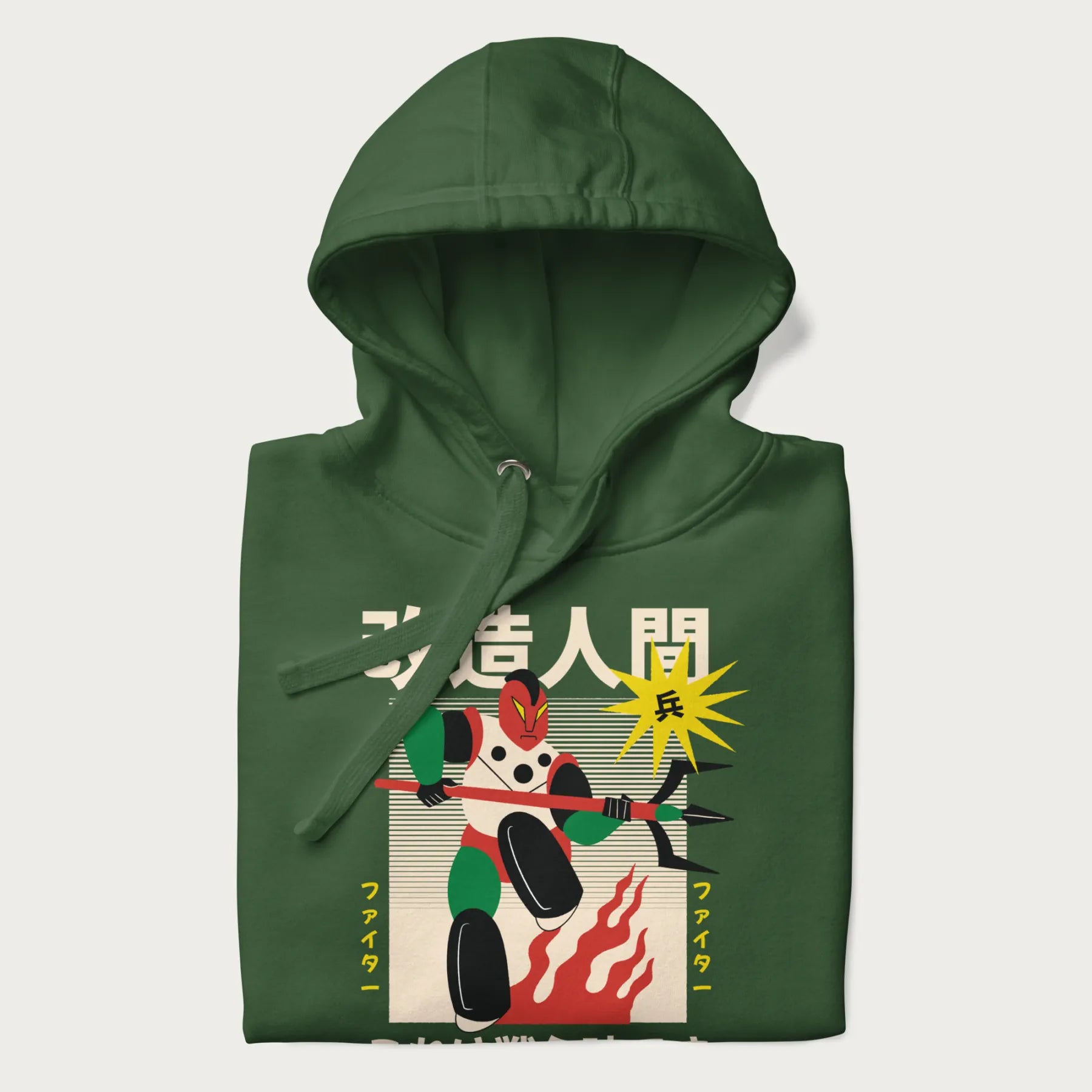 Folded forest green hoodie with Japanese graphic of a mech warrior in vibrant green and red, with Japanese characters symbolizing battle and courage.