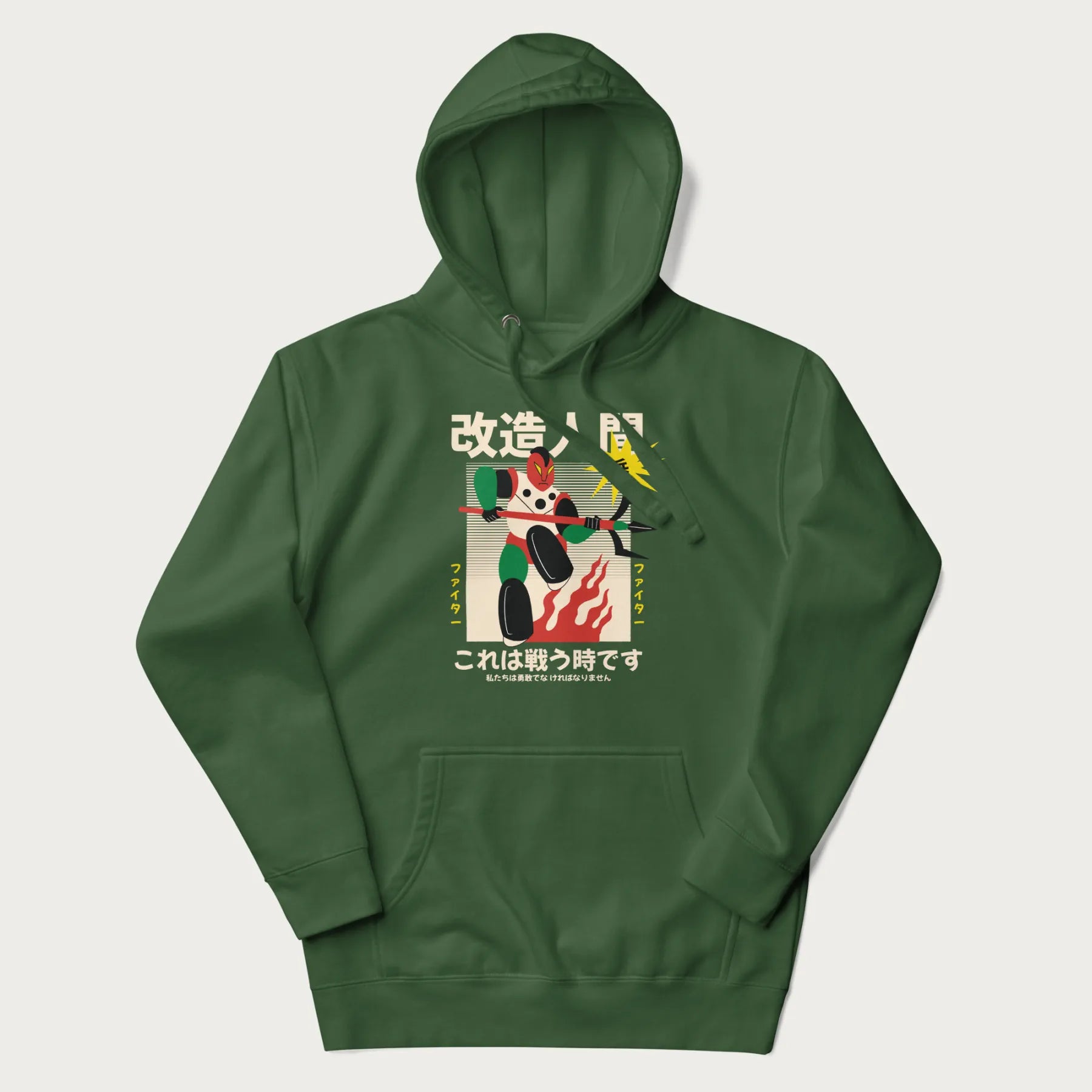 Forest green hoodie with Japanese graphic of a mech warrior in vibrant green and red, with Japanese characters symbolizing battle and courage.