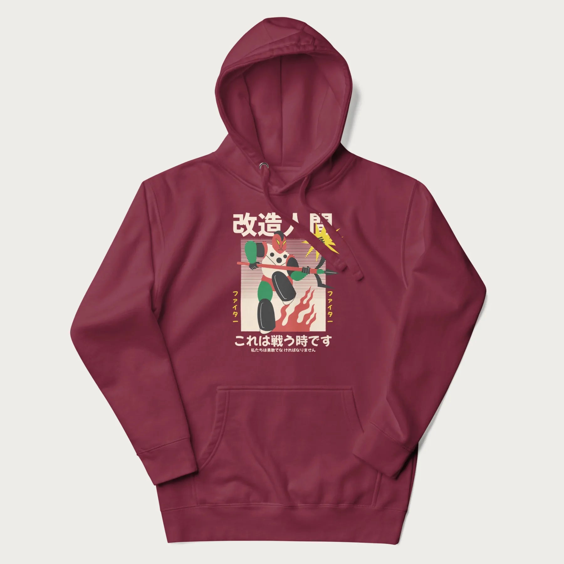 Maroon hoodie with Japanese graphic of a mech warrior in vibrant green and red, with Japanese characters symbolizing battle and courage.