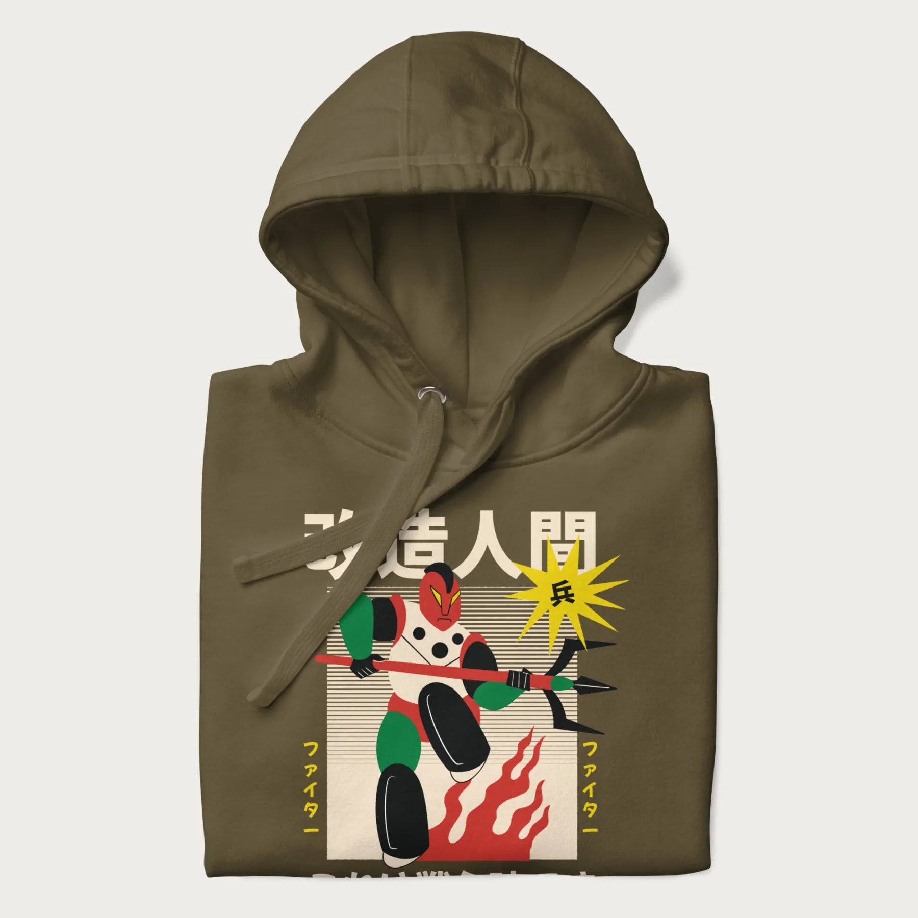 Folded military green hoodie with Japanese graphic of a mech warrior in vibrant green and red, with Japanese characters symbolizing battle and courage.