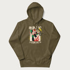 Military green hoodie with Japanese graphic of a mech warrior in vibrant green and red, with Japanese characters symbolizing battle and courage.