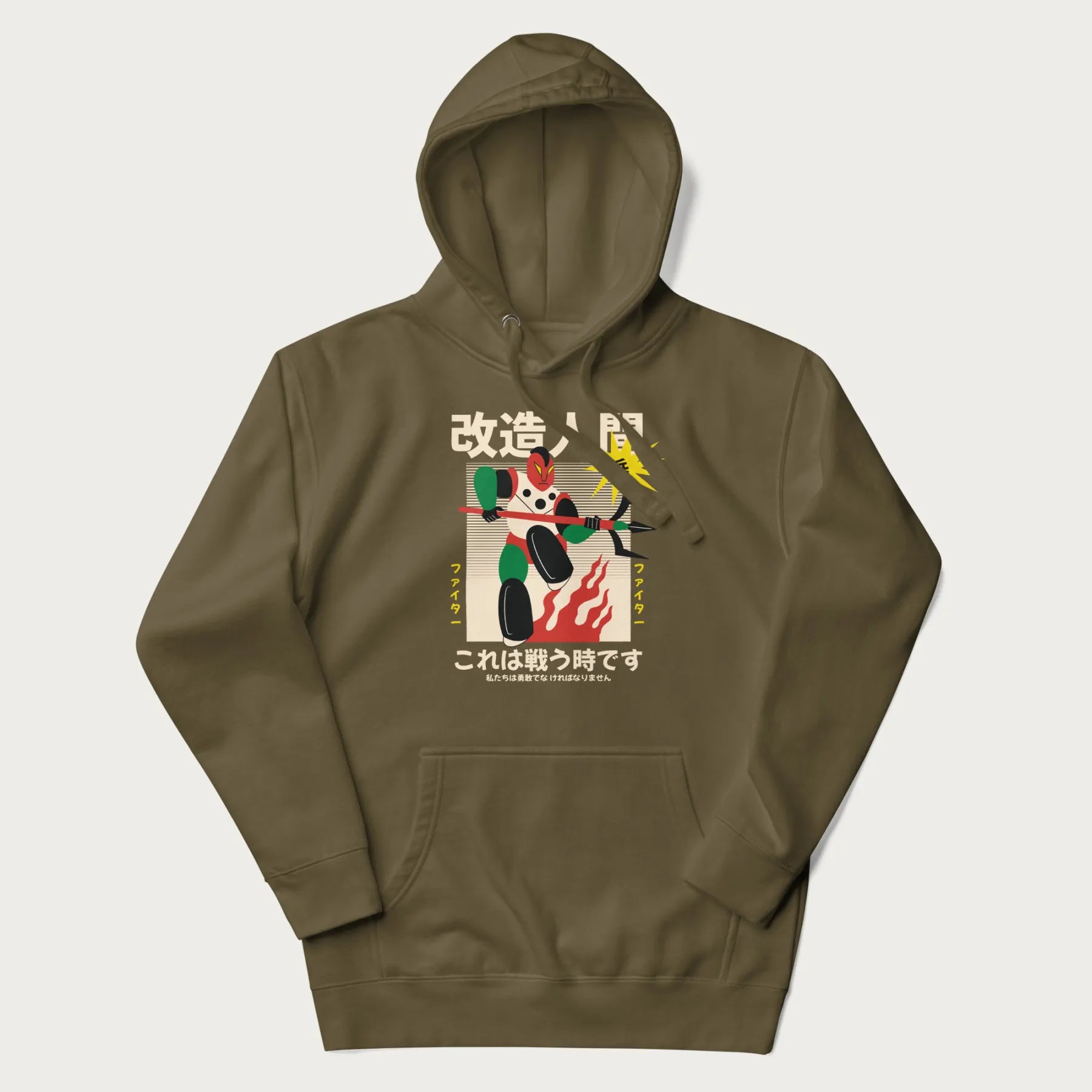 Military green hoodie with Japanese graphic of a mech warrior in vibrant green and red, with Japanese characters symbolizing battle and courage.