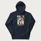 Navy blue hoodie with Japanese graphic of a mech warrior in vibrant green and red, with Japanese characters symbolizing battle and courage.