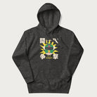 Dark grey hoodie with retro graphic of a mecha warrior and Japanese text for "Fight," "Attack," "Conflict," and "Destiny to defeat them all".